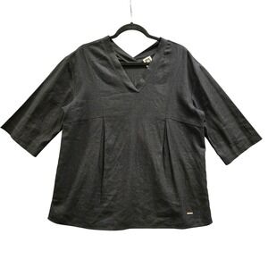 Anne Klein Black Linen V-Neck Pleated Tunic M Lagenlook Minimalist